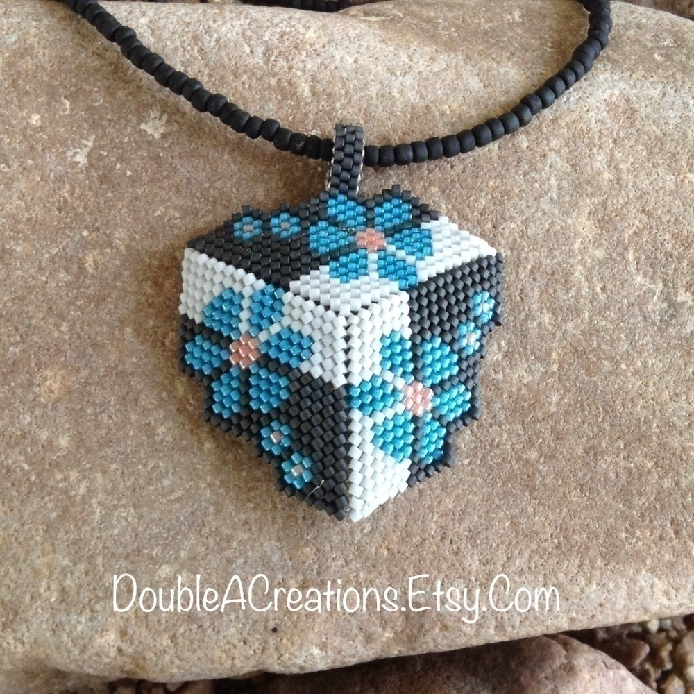 Blue Flowers Triangle Beaded Choker, New, Handmade By Me
